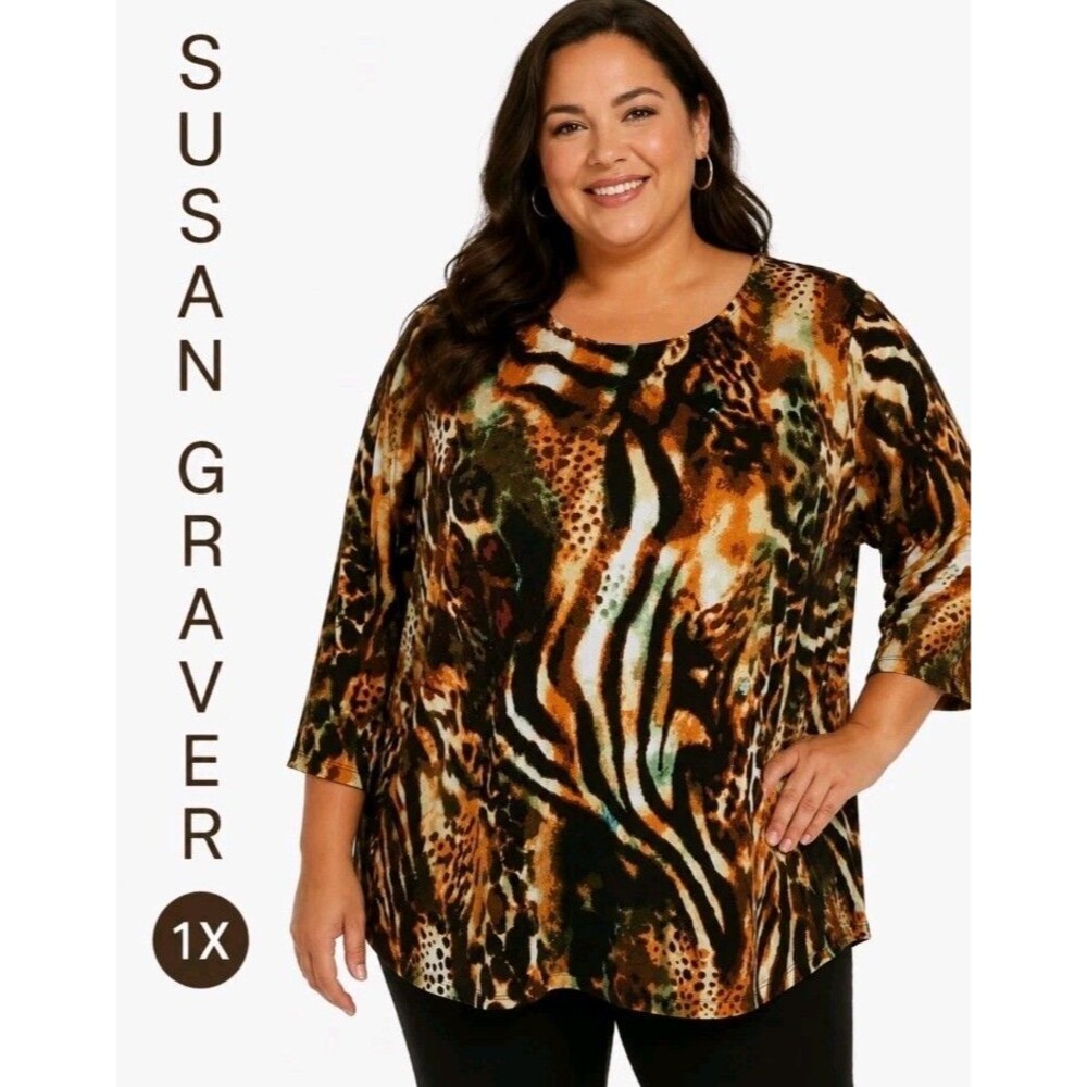 SUSAN GRAVER Womens 1X Liquid Knit Animal Bateau Neck 3/4 Slv Brown Top A215097